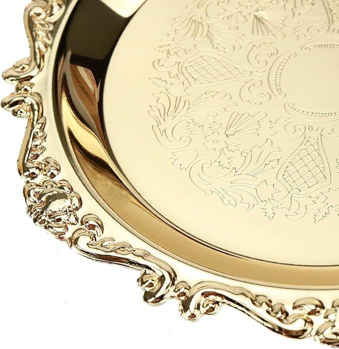Quluxe Vintage Round Metal Food Serving Tray, 2 Pcs Reusable Decorative Appetizer Platter for Kitchen, Party, Centerpiece Display- Gold (4 Inch+10 Inch)