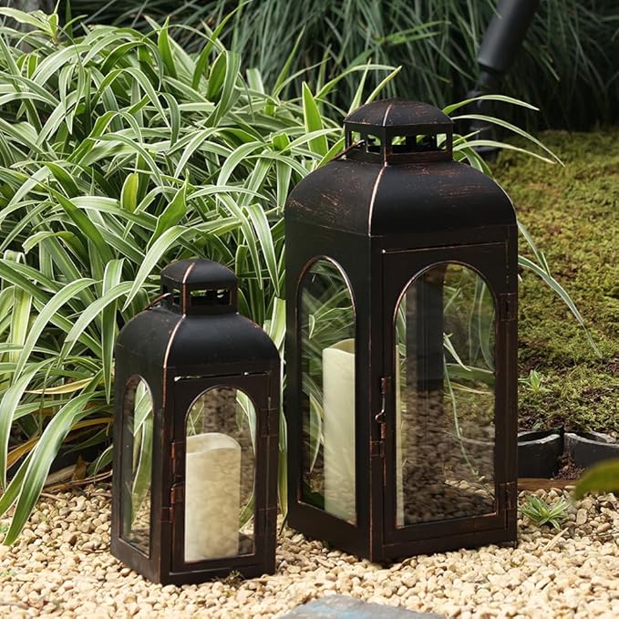 NEEDOMO Lanterns Decorative Indoor,Set of 2 Outdoor Lanterns for Porch, 20" Metal Frame Candle Holders Hanging Lights,with Glass, Spring, Fall, Christmas
