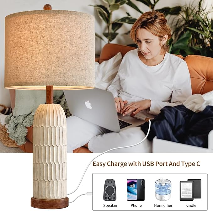 OYEARS 26.5" Table Lamp Set of 2 for Bedroom Living Room with USB A+C Charging Ports Modern Farmhouse Bedside End Lamps Rustic Nightstand Lamps,Brown