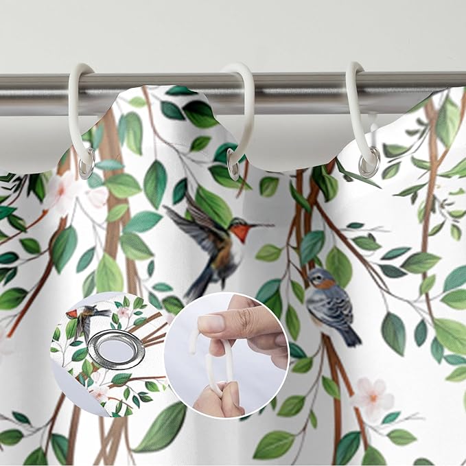 Green Leaves Birds Shower Curtain Hanging Vine Plant with Floral Shower Curtains for Bathroom Waterproof Polyester Fabric Bath Curtain 72 x 72 Inch with 12 Hooks