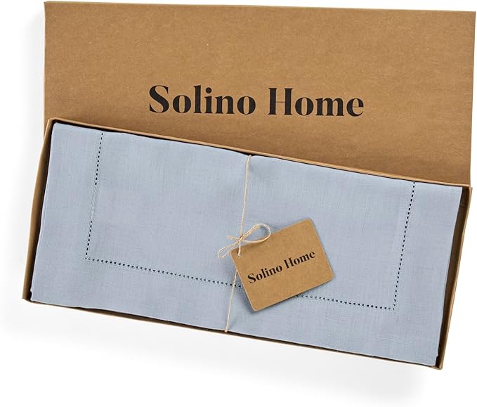 Solino Home Linen Dusty Blue Table Runner 90 Inches Long - 100% Pure Linen Hemstitch 14 x 90 Inch Table Runner for Dining, Fall, Autumn, Thanksgiving - Classic Hemstitch