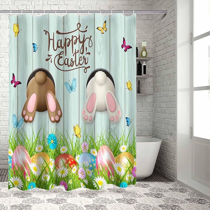Vandarllin Spring Easter Shower Curtain, Funny Bunny Tails Rabbit Shower Curtains Set with Hooks, Floral Farmhouse Waterproof Fabric Bathroom Curtains Decor Home Accessories, Stall Long 36 X 78 Inch