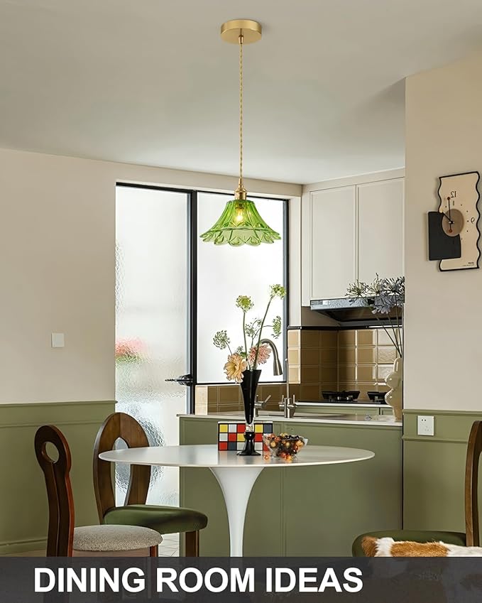 Vintage Glass Pendant Light，Green Flower Ceiling Pendant Light，Gold Adjustable Hanging Wire for Kitchen Island Dining Room Bedroom Hallway (9Inch - Green(B))