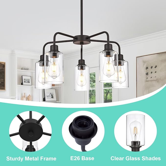 VINLUZ 5-Light Oil-Rubbed Chandelier with Clear Glass Shades, E26 Base Modern Pendant Light Fixture, Adjustable Swivel Heads Ceiling Lighting, Farmhouse Chandelier for Dining Room Kitchen Hallway