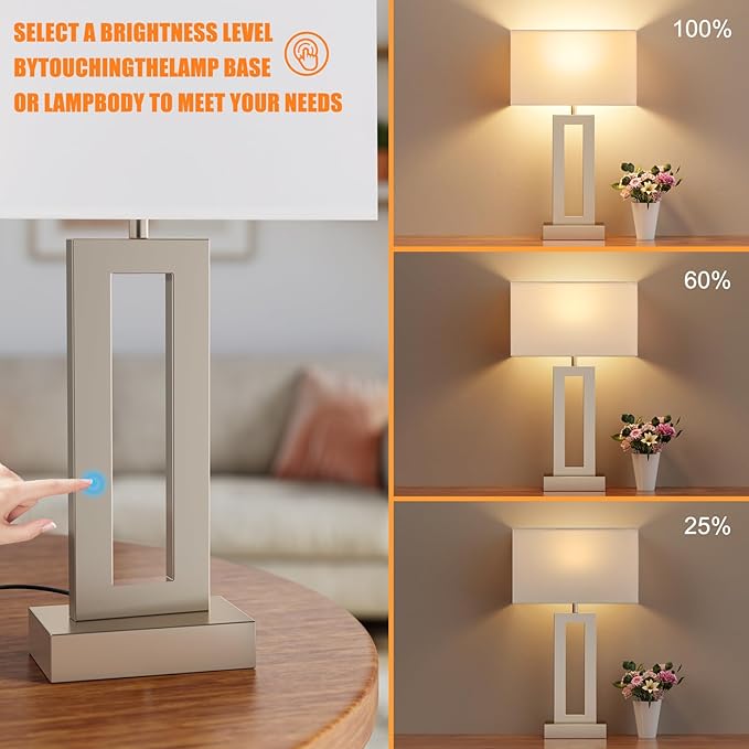 Nightstand Table Lamps for Bedrooms Set of 2 - Touch Bedside Lamp with USB C+A, 3 Way Dimmable Living Room Lamps for End Tables Set of 2(White&Flash-Grey)