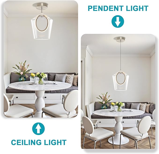 Modern Glass Pendant Lighting for Kitchen Island 1 Pack, Nickel LED Pendant Light Fixtures, Adjustable Hanging Ceiling Light, Angled Clear Glass Shades 8 Inch