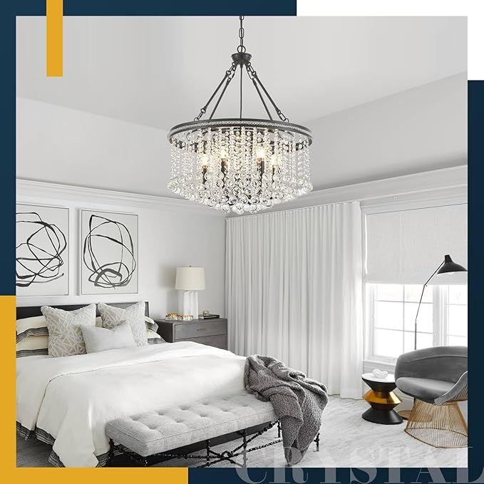 6-Light Black Crystal Chandelier Modern 21.6'' Contemporary Round Pendant Chandeliers Crystal Ball Luxury Ceiling Hanging Lighting for Living Dining Room Kitchen Island Bedroom Entryway Foyer