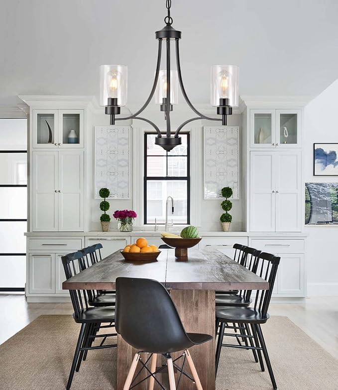3 Lights Black Traditional Chandelier Rustic Kitchen Island Lighting Fixtures Hanging Clear Glass Cylinder Pendant Lights Classic Ceiling Light for Dining Room Bedroom Foyer