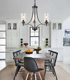 3 Lights Black Traditional Chandelier Rustic Kitchen Island Lighting Fixtures Hanging Clear Glass Cylinder Pendant Lights Classic Ceiling Light for Dining Room Bedroom Foyer