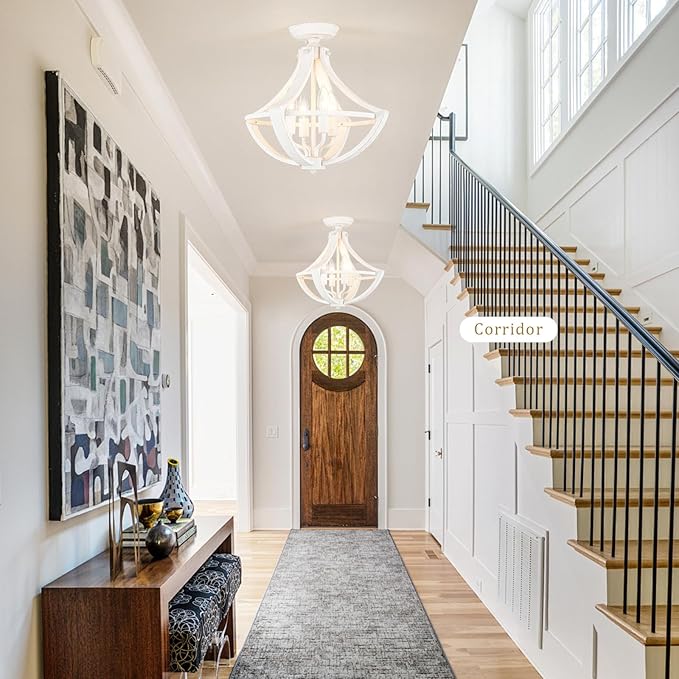 4-Lights French Country Chandelier Farmhouse Chandeliers Handmade Semi Flush Mount Ceiling Light Fixture Wood Pendant Light White Chandeliers for Entryway Foyer Hallway Kitchen Dining Room