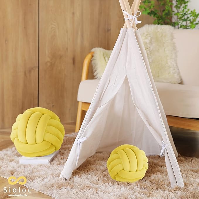 Sioloc Soft Knot Ball Pillows,Round Throw Pillow Cushion Home Decoration Plush Pillow,Throw Knotted Pillow Handmade Round Plush Pillow（7.8inches,Yellow）