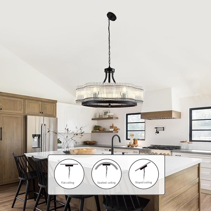 6 Light Modern Crystal Chandelier Dining Room Light Fixture Black Round with Crystal Rods Pendant Lighting Adjustable Farmhouse Wagon Wheel Light Fixture for Living Room,Kitchen,Foyer