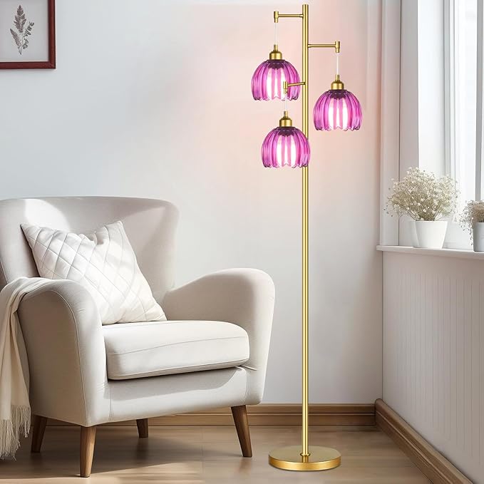 Gold Floor Lamps for Living Room Bedroom-3 Light Glass Floor Lamp with Three Led Bulb,Vintage Tall Lamp Mid Century Modern Standing Lamp Tree Floor Lamp for Bedroom Living Room,Office,Corner