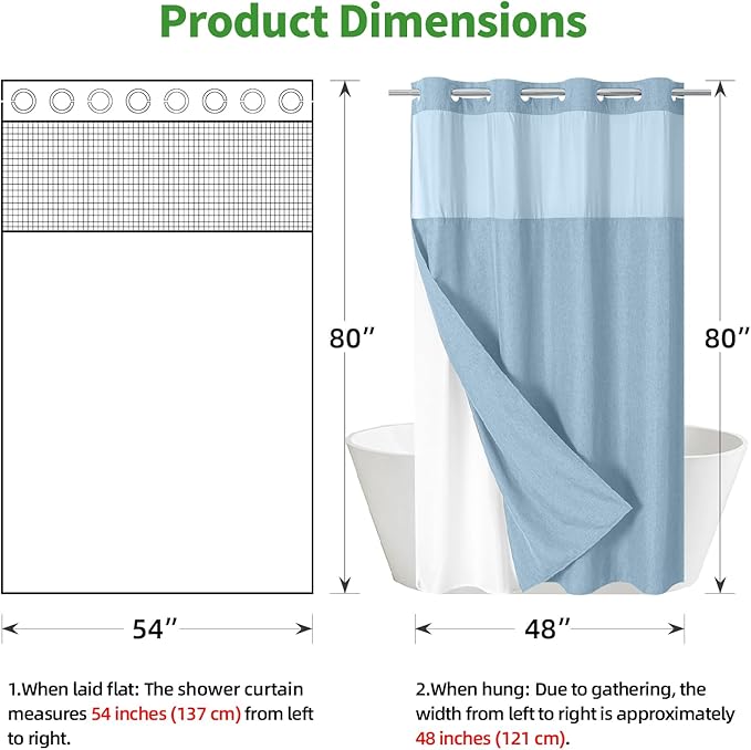 Stall No Hooks Needed Linen Textured Shower Curtain with Snap-in Fabric Liner Set,Hotel Luxury Decor Farmhouse Shower Curtains for Bathroom,Waterproof & Washable,54Wx80H,Fog Blue