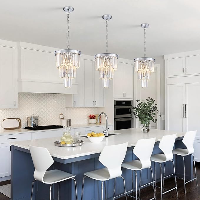 3 Pack Chrome Crystal Pendant Light, Modern 3 Tiers K9 Crystal Chandelier Mini Ceiling Pendant Light Fixture for Kitchen Island Dining Room Hallway Bedroom Closet