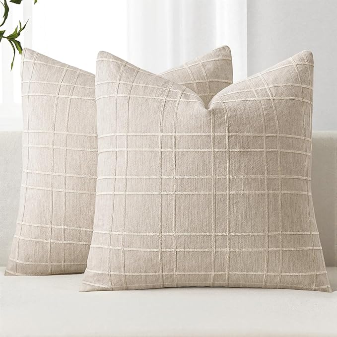 MIULEE Decorative Linen Check Euro Shams Throw Pillow Covers Neutral Farmhouse Vintage Christmas Pillow Covers 22x22 Set of 2 Boho Modern Home Decor for Sofa Couch Bedroom Cushion Natural Beige