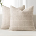 MIULEE Decorative Linen Check Euro Shams Throw Pillow Covers Neutral Farmhouse Vintage Christmas Pillow Covers 24x24 Set of 2 Boho Modern Home Decor for Sofa Couch Bedroom Cushion Natural Beige