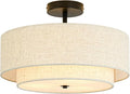 16" Semi Flush Mount Ceiling Light, 3-Light Drum Ceiling Light Fixture with 2-Tier Fabric Linen Shade, Farmhouse Chandelier for Dining Room, Living Room, Bedroom, Kitchen, Hallway, Entryway