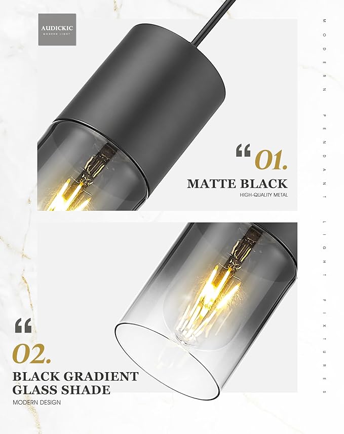 Black Pendant Lights Kitchen Island, Modern Hanging Lights Fixtures with Cylinder Black Gradient Glass, Industrial Kitchen Pendant Lighting Over Island for Dining Room, AD-24023-1P-BK-SM