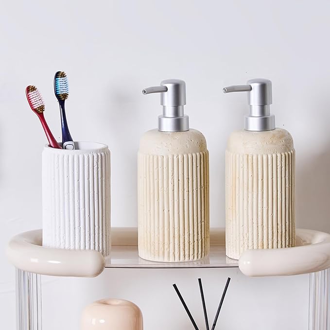 2Pcs Beige Natural Travertine Textures Hand Soap Dispenser Set, Small Bathroom Countertop Resin Liquid Soap Dispensers, Kitchen Dish Wash Soap Dispensers,Refillable Dispenser with Vertical Stripe