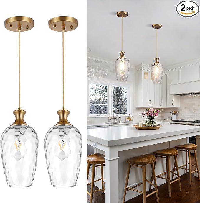 2 Pack Glass Pendant Lights Kitchen Island Gold Vintage Pendant Light Hand-Blown Hammered Clear Glass Hanging Light Fixtures E26 Brass Pendant Light for Kitchen Sink Dining Room