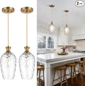 2 Pack Glass Pendant Lights Kitchen Island Gold Vintage Pendant Light Hand-Blown Hammered Clear Glass Hanging Light Fixtures E26 Brass Pendant Light for Kitchen Sink Dining Room