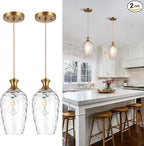 2 Pack Glass Pendant Lights Kitchen Island Gold Vintage Pendant Light Hand-Blown Hammered Clear Glass Hanging Light Fixtures E26 Brass Pendant Light for Kitchen Sink Dining Room