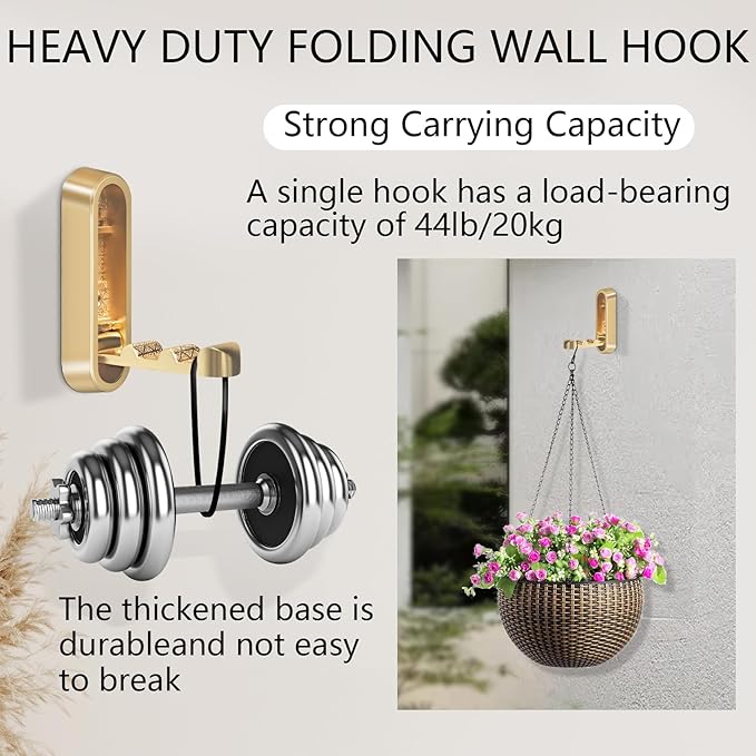 4PCS Foldable Gold Wall Hooks, Heavy Duty Zinc Alloy Folding Wall Hooks, Folding Hidden Coat Hooks Wall Mount Bathroom Foldable Towel Hooks for Hanging Clothes, Bags, Hats, Bathrobes, Keys etc (Gold)