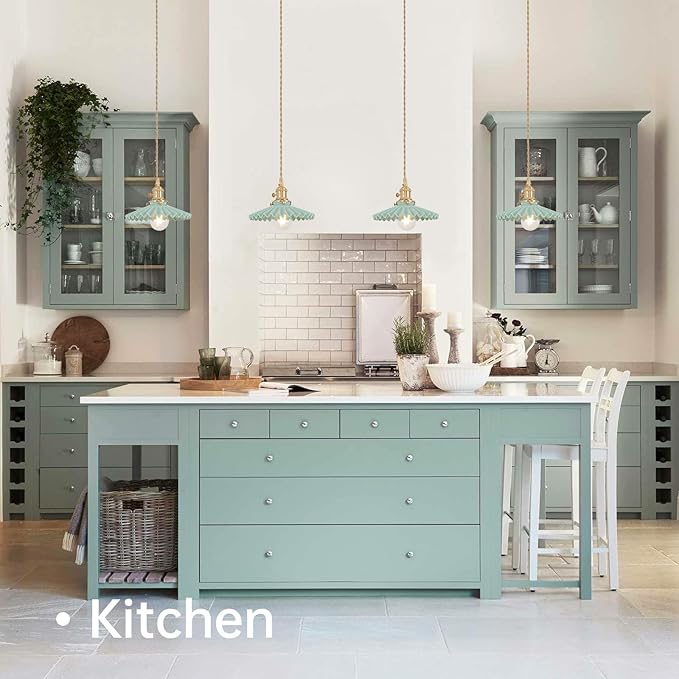 Pendant Light with Green Pleated Ceramic Lmapshade, Brass Vintage Pendant Light Adjustable Hanging Light for Kitchen Island Dining Room Hallway
