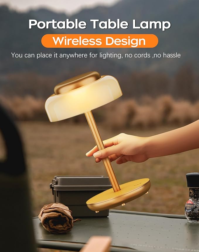 QiMH Battery Operated LED Table Lamp, 5000mAh Rechargeable Cordless Lamp Set of 2, Stepless Dimmable Touch Control, Small Waterproof Desk Night Light for Living Room, Bedroom, Outdoor Bar (Gold)