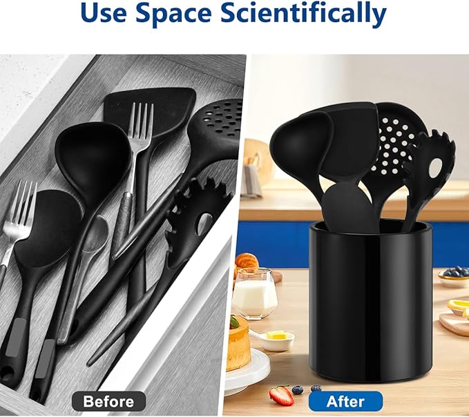 Kitchen Utensil Holder for Countertop, Ceramic Cooking Utensil Holder for Kitchen Counter, Modern Spatula Holder Utensil Organizer, 6.5”H x 5.5”D Black