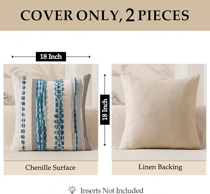ANRODUO Pack of 2 Boho Decorative Throw Pillow Covers 18x18 Farmhouse Cushion Case Striped Chenille Pillow Cases Square Pillow Covers Accent Neutral Pillowcase for Sofa Couch Bed, Sky Blue Stripe 3