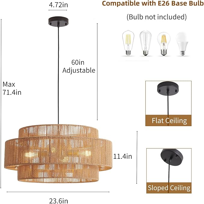 3-Tier Large Rattan Chandeliers, 23.6in Woven Boho Coastal Pendant Lights for Dining Room