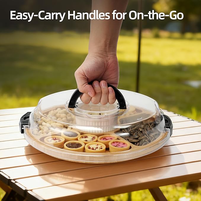 WILLKOMMEN Charcuterie Board with Lid- 5 Compartment Round Serving Tray with Handle & Locking Lid, Portable Bamboo Serving Platter, Serving Dishes for Party Picnic Cheese Snack