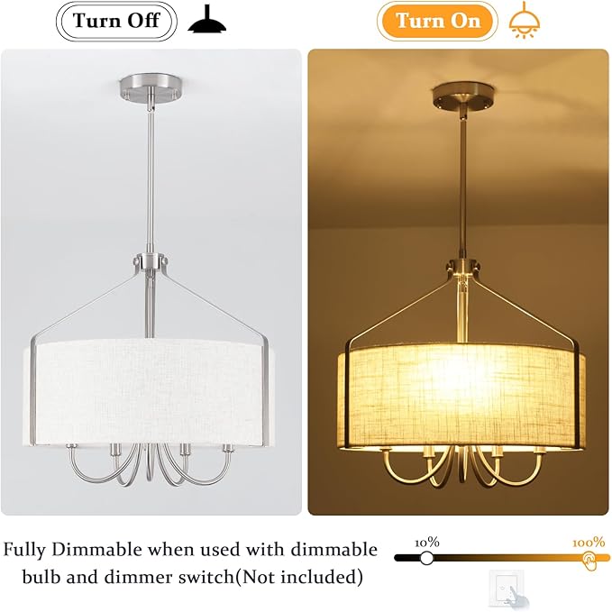 5-Light Drum Chandelier for Dining Room 18" Farmhouse Pendant Light with Linen Lampshade – Brushed Nickel Chandelier for Kitchen Island, Living Room, Bedroom, Entryway & Foyer