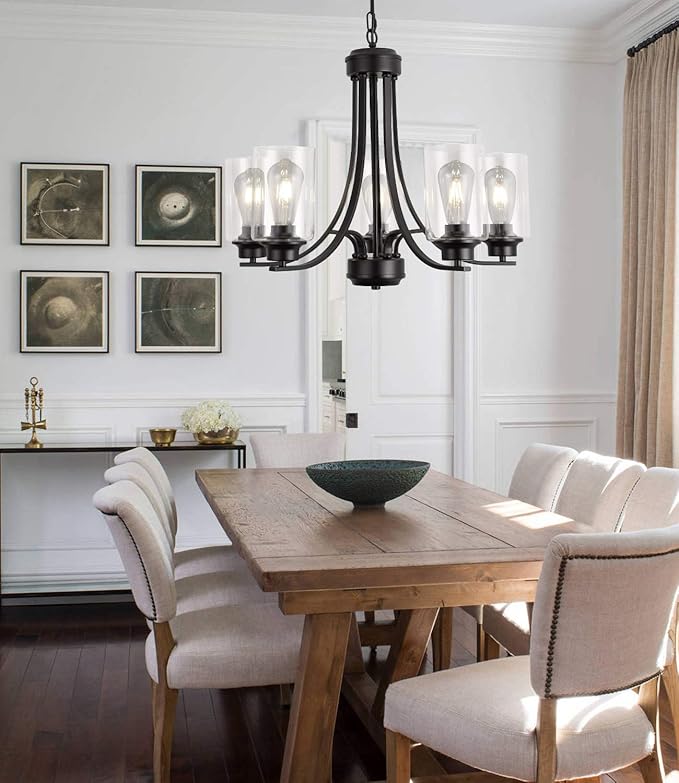 Contemporary 5 Light Glass Chandelier Black Traditional Chandeliers Kitchen Dining Room Lighting Fixtures Hanging Pendant Light Industrial Flush Mount Ceiling Light