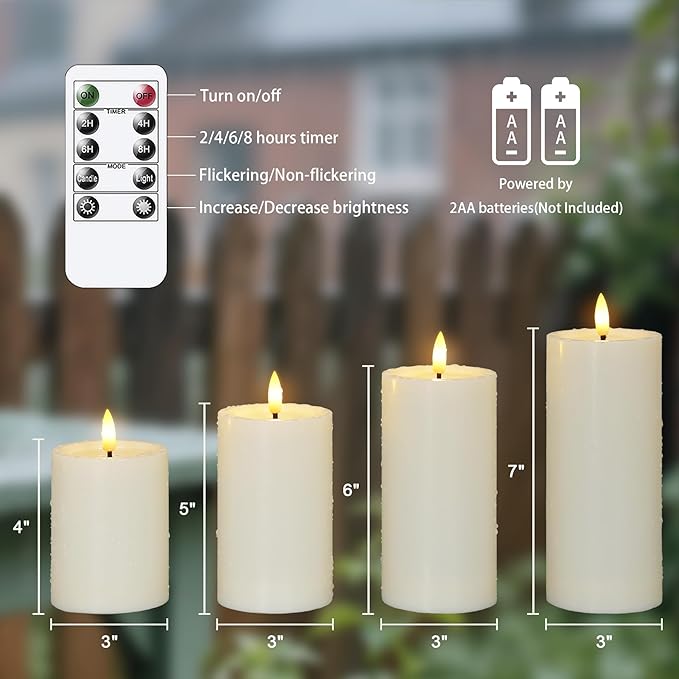 Outdoor 4pcs Flameless Waterproof Candles with Handy Remote Control, Cycle Timer Battery Operated Candle Grease Effect LED Flickering Pillar Plastic Long Lasting (Ivory, 3" x4" 5" 6" 7")