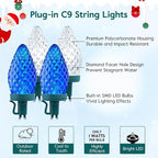 Brightown C9 LED Christmas Lights Outdoor, 33ft 50 LED Waterproof Strawberry String Lights, Extendable Green Wire Lights String for Outdoor Indoor Patio Party Decoration, Blue and White