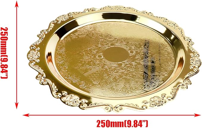 Quluxe Vintage Round Metal Food Serving Tray, 2 Pcs Reusable Decorative Appetizer Platter for Kitchen, Party, Centerpiece Display- Gold (4 Inch+10 Inch)