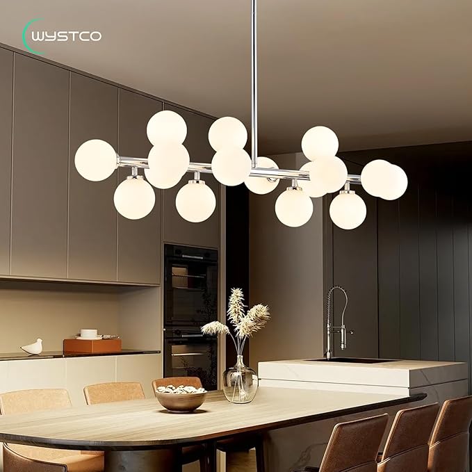 16-Light Globe Sputnik Chandelier, Mid Century Modern Light Fixture Over Table, Chrome Silver Linear Chandeliers for Dining Room and Kitchen Island (Milk White Glass Bubble Shades, 40 Inch)