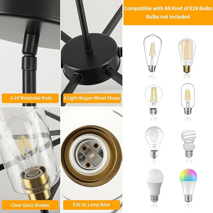 Farmhouse Chandeliers for Dining Room Black Chandelier 6 Light Dining Room Light Fixture with Clear Glass Shades Gold Pendant Lights for Kitchen Island Living Room Entryway Staircase