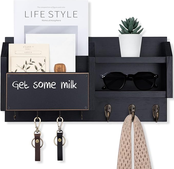 Mail and Key Holder – Wall Mount Key Hanger with Shelf and 7 Metal Hooks – Decorative Natural Paulownia Wood Entryway Organizer with Mounting Hardware (16.5”W x 8.7”H x 3.5”D) (Black)