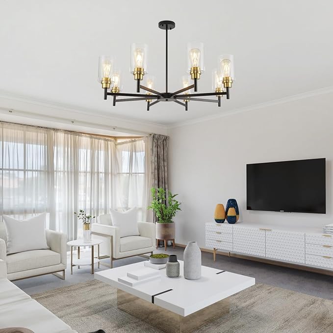 Black Chandeliers for Dining Room, Farmhouse Chandeliers 8 Light Dining Room Light Fixture with Clear Glass Shades Gold Pendant Lighting for Kitchen Island Living Room Entryway Staircase
