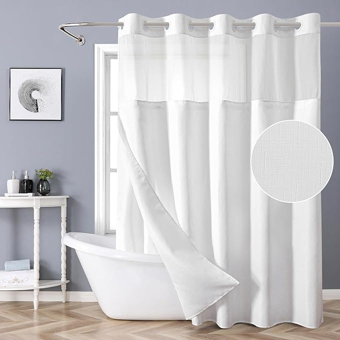 White Long No Hook Shower Curtain with Snap-in Fabric Liner Set,Slub Textured Fabric Shower Curtains for Bathroom,Hotel Style Modern Shower Curtain,Water Repellent& Washable,71x80(78)