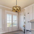 Antique Dining Room Light Fixture, 4-Light Rattan Pendant Light with Drum Shade, Adjustable Woven Wicker Ceiling Hanging Light, Farmhouse Boho Chandelier for Living Room Kitchen Island