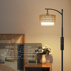 Ambimall Arc Floor Lamp for Living Room with Remote, Color Temperature & Brightness Adjustable, Boho Standing Lamp with Rattan & Fabric Double Drum Shades, Bulb Included(Black)