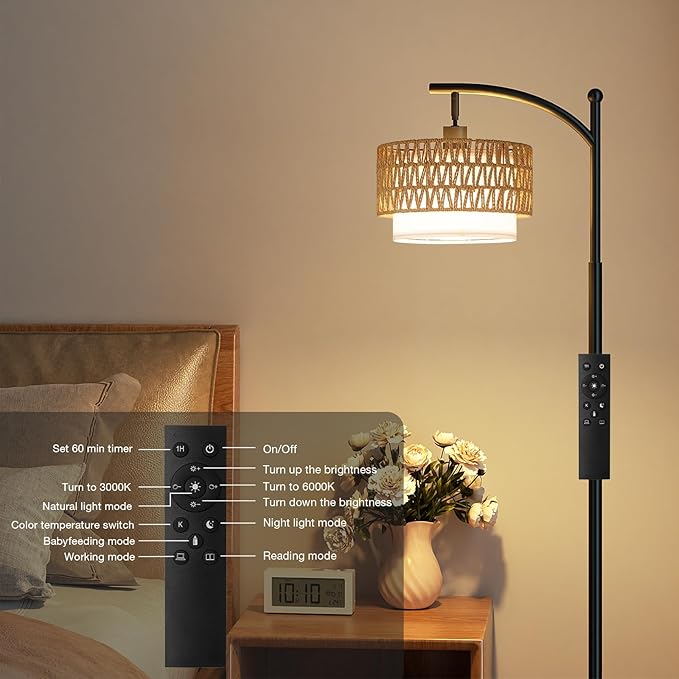 Ambimall Arc Floor Lamp for Living Room with Remote, Color Temperature & Brightness Adjustable, Boho Standing Lamp with Rattan & Fabric Double Drum Shades, Bulb Included(Black)