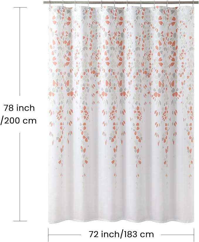 Long Fabric Shower Curtain, Orange and Gray Weeping Flower Shower Curtains for Bathroom, Modern White Bathroom Curtains, 72" W x 78" H