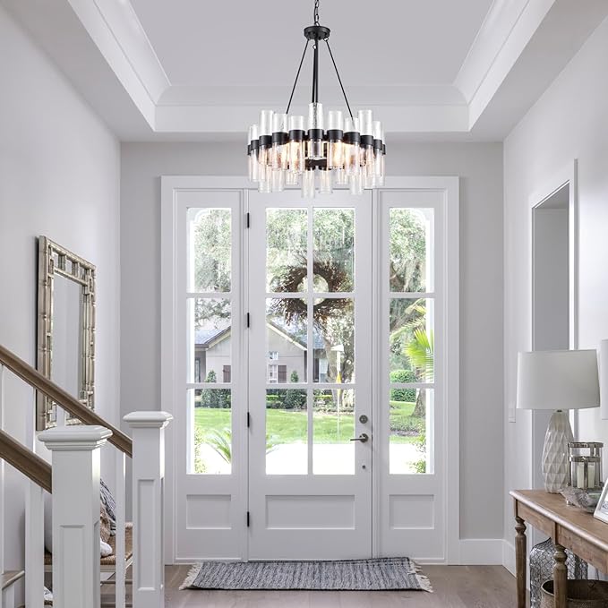 Dia 24 Inch Black Modern Chandelier for Dining Room, Glass Chandeliers for Bedroom, 4-Light Rustic Chandeliers, Large Pendant Light for Living Room Foyer Entryway