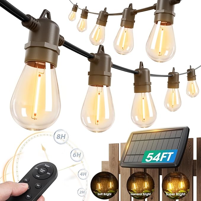 KYY 54FT Solar String Lights Outdoor Waterproof with USB Charging & Remote, Dimmable & Timable, Solar Powered Patio Lights with LED Shatterproof Bulbs for Deck Backyard Porch Garden Camping